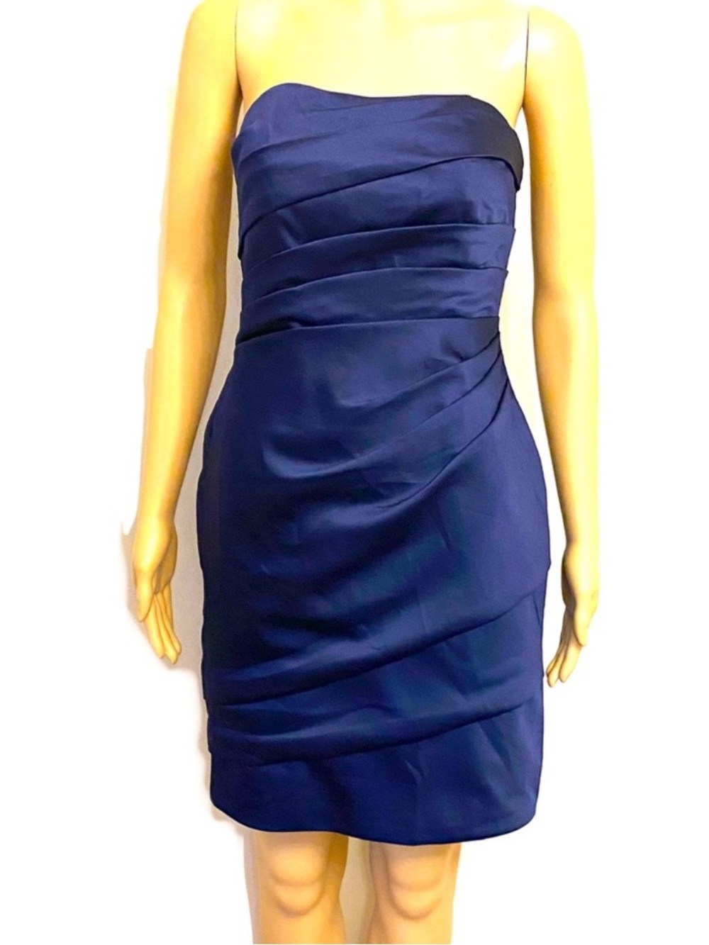 David's Bridal Strapless Navy Blue Satin Ruched Cocktail Dress